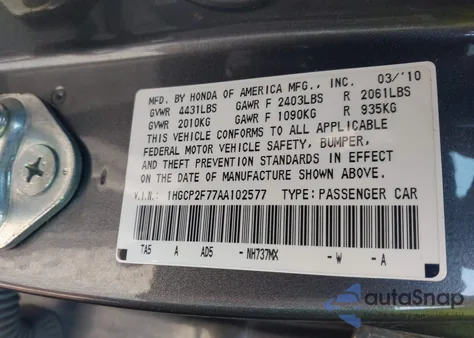 2010 Honda Accord 2.4 Ex from USA, damaged, VIN 1HGCP2F77AA102577